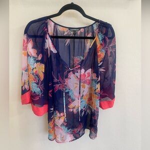 Express Sheer Floral Blouse w/ 3/4 Sleeves - Navy and Coral